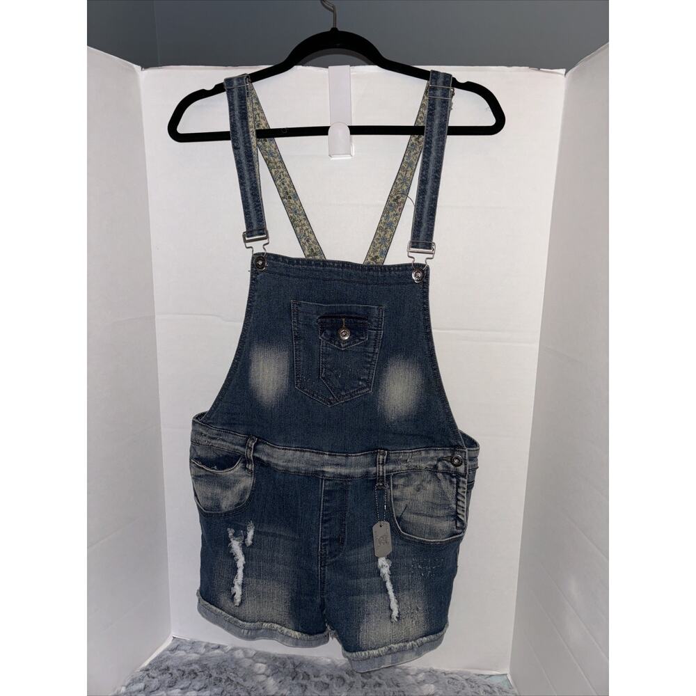Dollhouse Jean Overall Shorts Large Light Blue Distressed Cotton Denim Womens